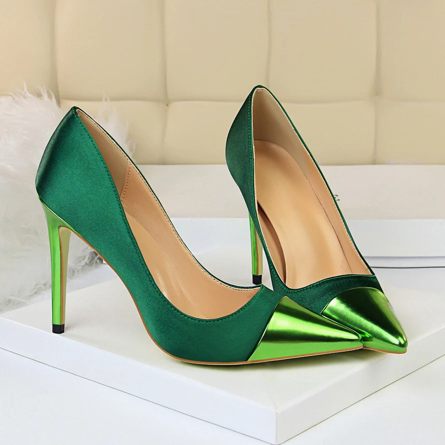 2019 Fashion 10cm High Heels Women Valentine Blue Green Pumps Female Satin Stiletto Heels Tacones Fetish Silk Glitter Pink Shoes