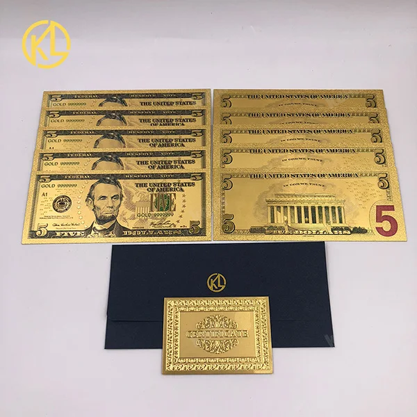 USD5 10 шт/партия подарки деньги 24 k позолоченный 500 доллар США Золотой пластиковый счетчик банкнот подарок деньги с хорошим сертификатом и конвертом - Цвет: USD5