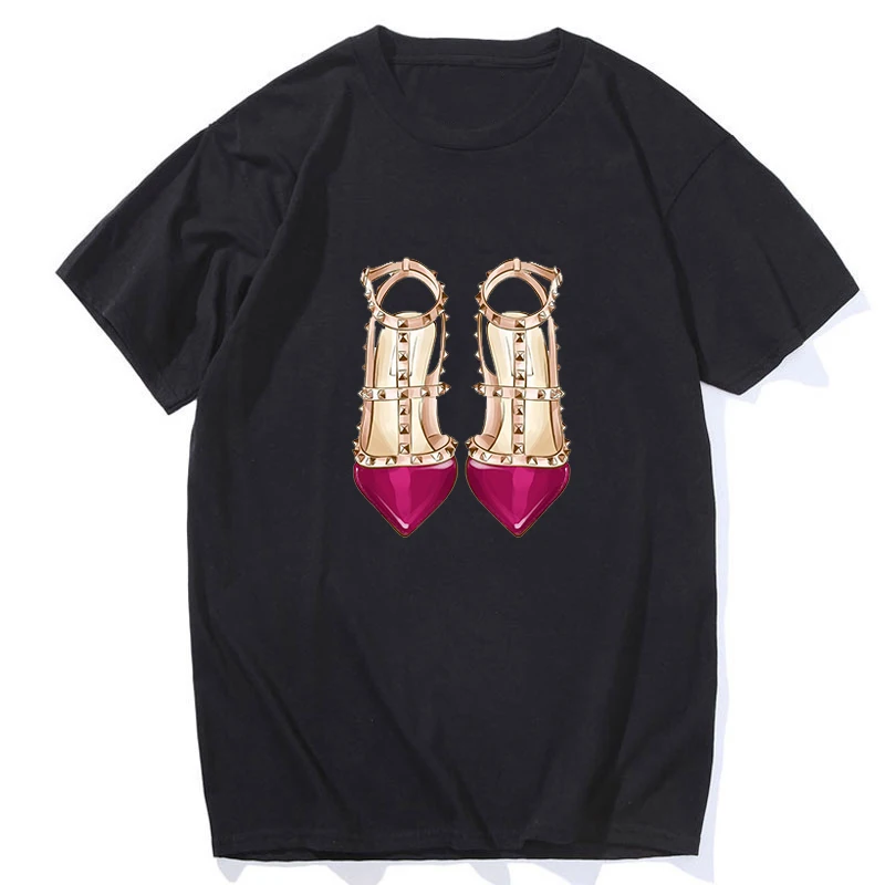

High-heeled Shoes Sexy Vintage Luxury T-shirt Streetwear Vogue Fashion Cotton Casual Women Aesthetic Summer Clothing T-shirt