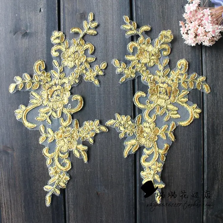 

4 Pieces/2 Pairs 25*12cm Mirror Venise Lady Sewing Gold Ivory Red Flower Floral Lace Trims Applique Patch for Wedding Dress