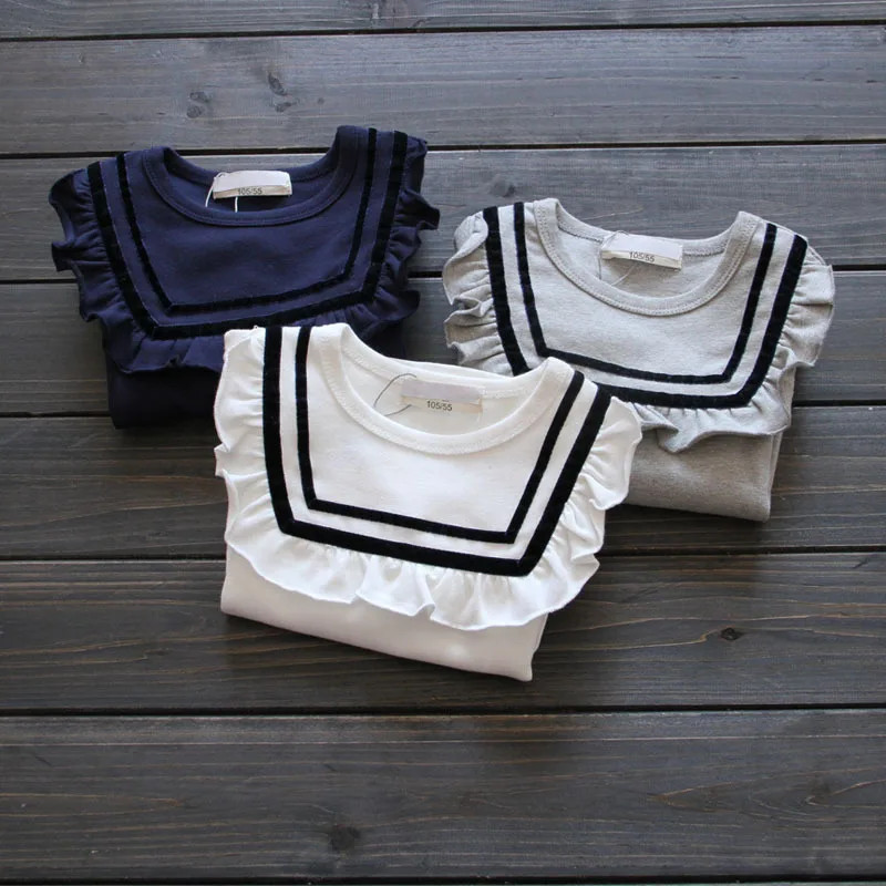 Милые футболки с оборками для малышей; сезон осень-зима топы принцессы с оборками и длинными рукавами; Одежда для девочек; базовые рубашки в морском стиле