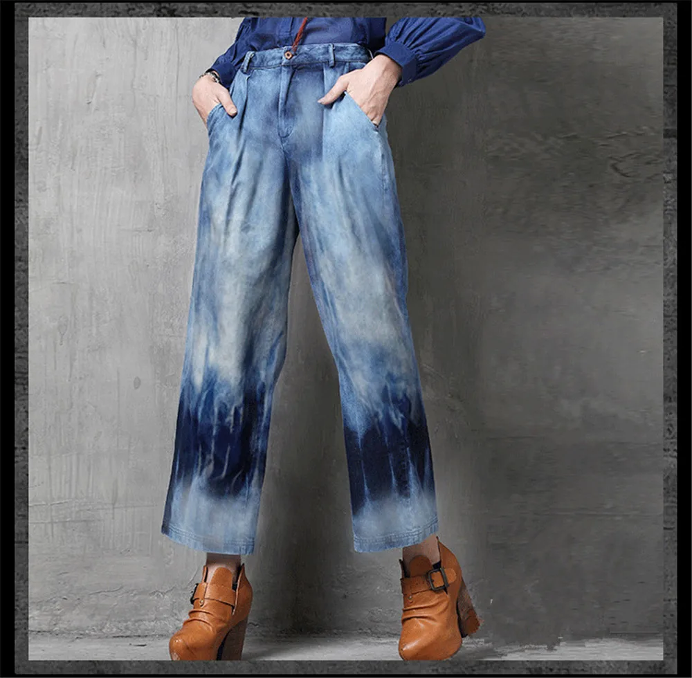 Vintage Women Jeans Calca Feminina 2017 Fashion New Denim Jeans Tie Dye Washed Loose Zipper Fly Women Jeans Wide Leg Pants Woman (2)