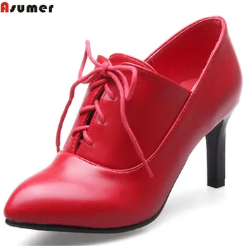 

Asumer black red fashion new arrival women shoes lace up spring autumn ladies pumps round toe high heels shoes plus size 32-46