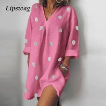 Lipswag 5XL хлопковое льняное платье в горошек для женщин, Летнее мини-платье с v-образным вырезом и карманами размера плюс, платье с коротким рукавом vestidos