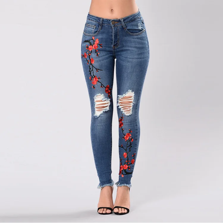 

2019 New Embroidery Jeans Woman Ripped Hole High Waist Jeans Denim Ladies Jeans Femme Elastic Jeans Pants Plus Size