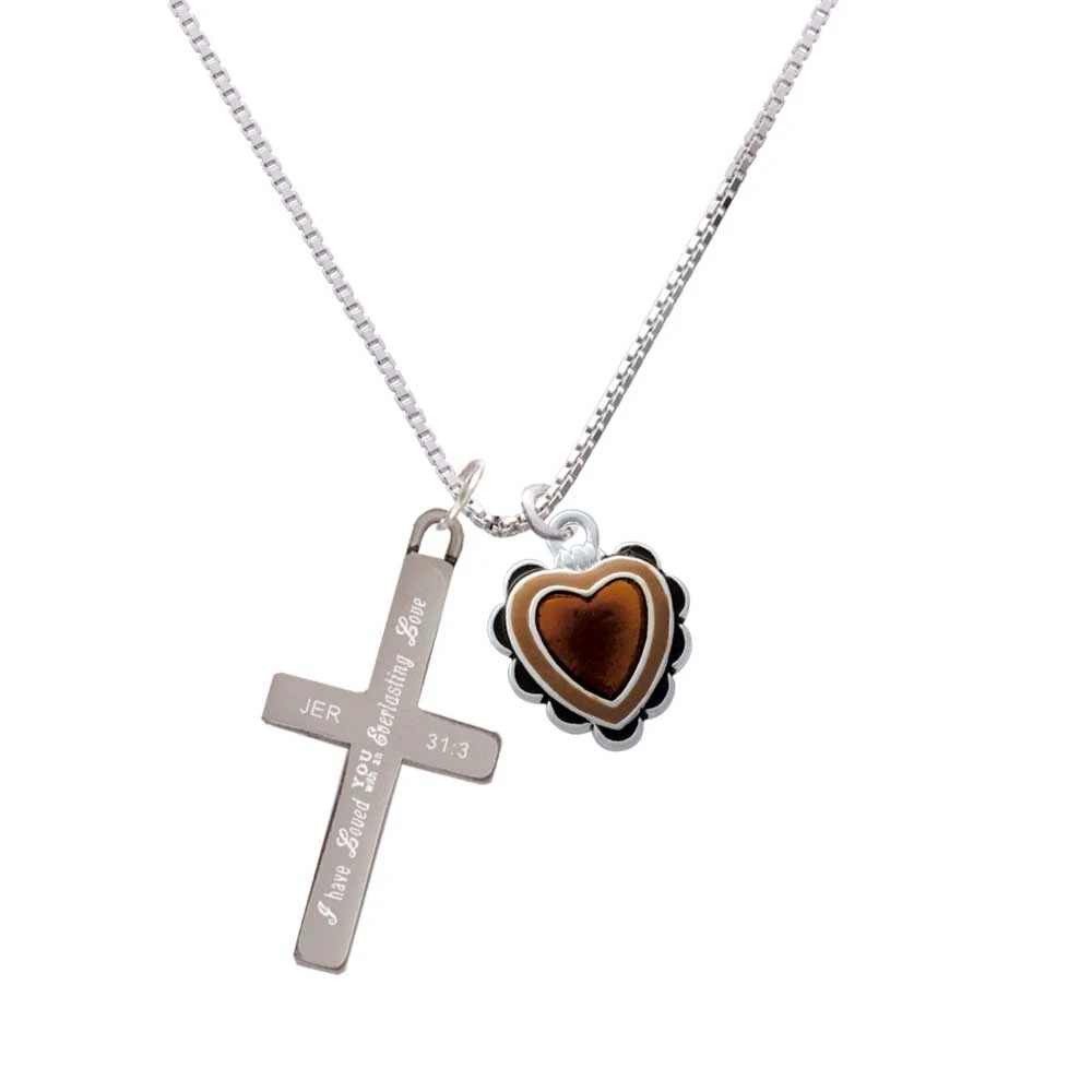 Brown Ruffle Heart - Everlasting Love - Cross Necklace