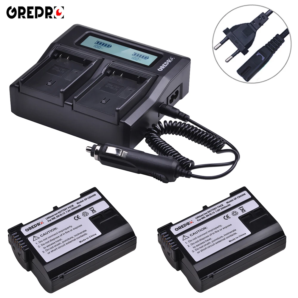 

GREPRO 2pcs EN-EL15 EN EL15 EL15A Camera Battery+LCD Rapid Charger for Nikon D800 D800E D810 D600 D610 D600E D7000 D7100 d750 V1