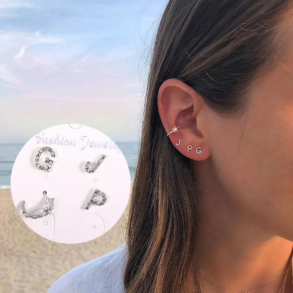 

2019 New 4pcs/set Rhinestone JPG Letter Stud Earrings For Girl Minimalist Silver Color Star Stud Earrings Set For Women