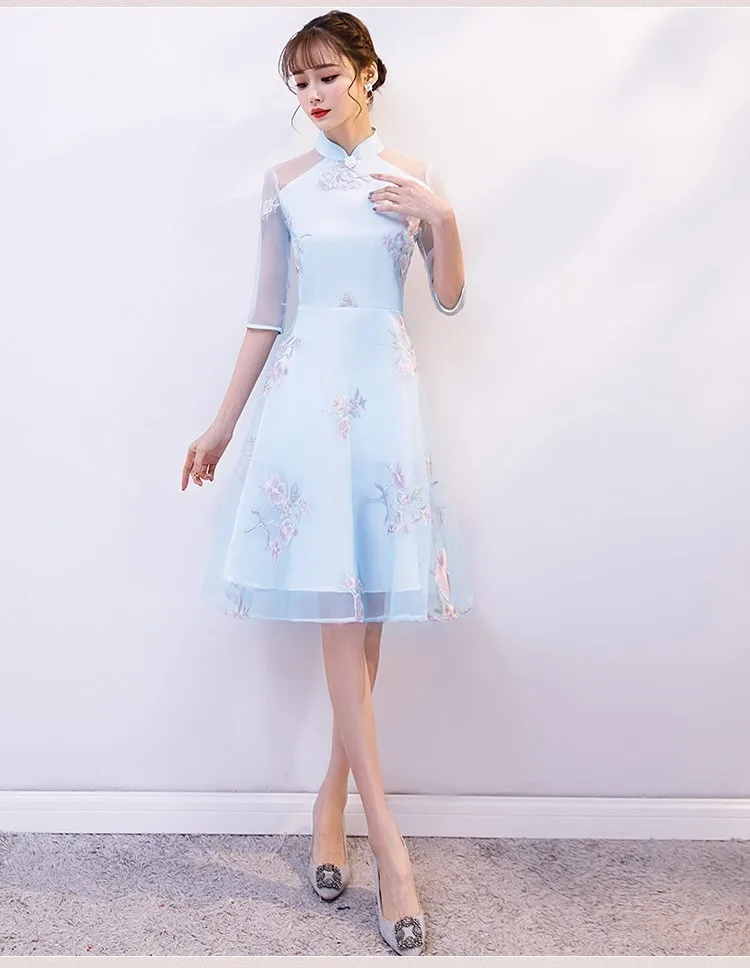 Мода 2019 г. Новый кружево Cheongsam современный синий вышивка Короткие Qi Pao Chinoise Повседневное платье китайское традиционное костюмы Qipao