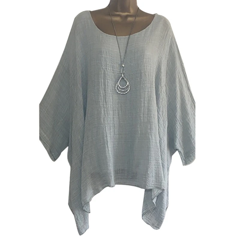 

Solid Linen Loose Asymmetrical T-Shirts Womens Three Quarter Sleeve Tshirt Casual Simple Plus Size T-Shirt 2019 New Arrival