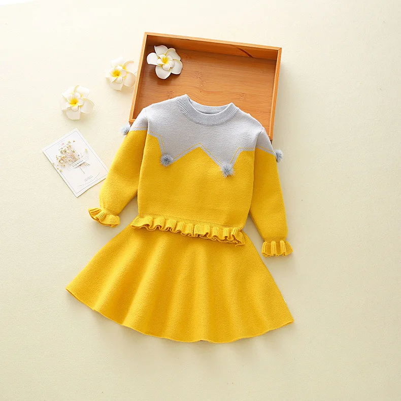 

New Children Autumn Sweater Suirt Girls Knitted Suit Baby Kids Long Sleeve Pullover Tops+Pleated Skirt Autumn Kids OutfitHW2185