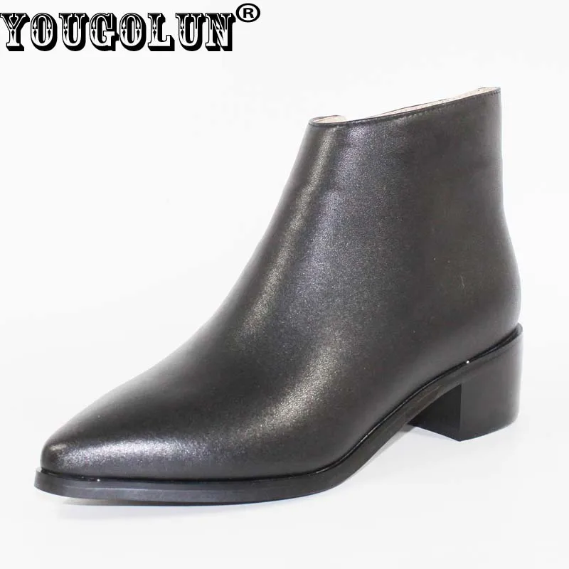 YOUGOLUN Women Ankle Boots Genuine Leather 2017 New Winter Mid Square Heel 4 5 cm Heels