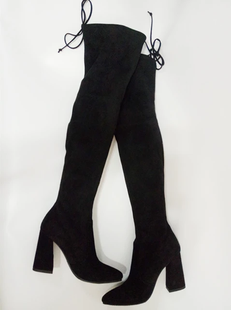 Botas largas de tacón grueso mujer, Botines altos hasta el muslo de tela elástica en punta, encima de la rodilla, color negro _ AliExpress Mobile
