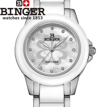 ФОТО Binger New Arrival Fashion Ceramic Flower Watch For Ladies Women White Dress Wristwatch Lover Quartz 4 leaf Watches geneva