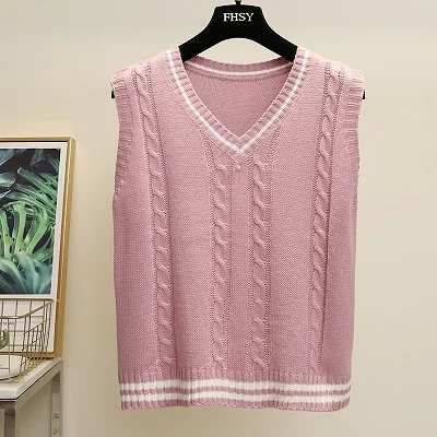 Pink Женские свободные пуловеры Топы новые полосатые v-образным вырезом без рукавов твист вязаные жилеты свитера модные женские осенне-весенние свитера - Color: Pink