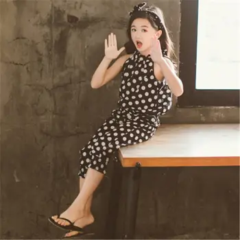

2019 New Summer Fashion Children Girls Chiffon Clothes Tracksuits Teenage Girl Bow O-Neck Sling Tops+Polka Dot Pants Suits L219