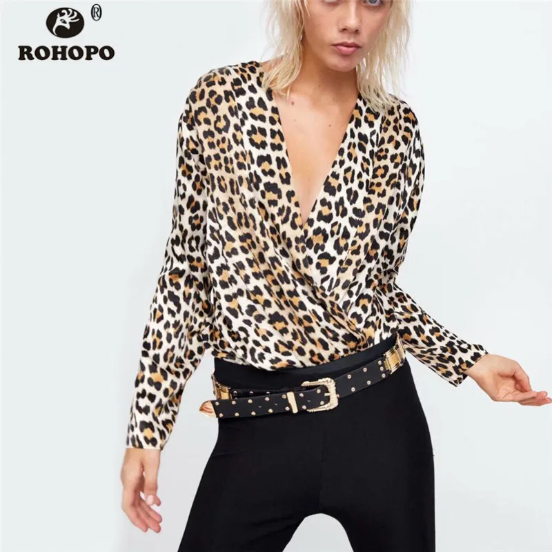 

ROHOPO Women Leopard Tunic Bodysuit Autumn Long Sleeve Sexy Printed Vogue Jumpsuit Female Casual Mono traje #BM1576