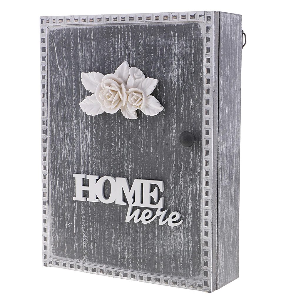 Shabby Chic Style Wooden Key Storage Box Wall Mount Shelf Cabinet Cupboard Rack with 6 Hooks Home Organizer for Letter