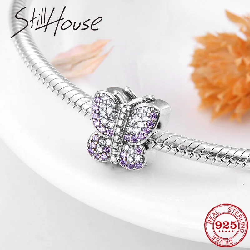 

Fashion Bring Freedom and beauty Butterfly 925 Silver purple Clear CZ Beads Fit Original Pandora Charm Bracelet Jewelry making