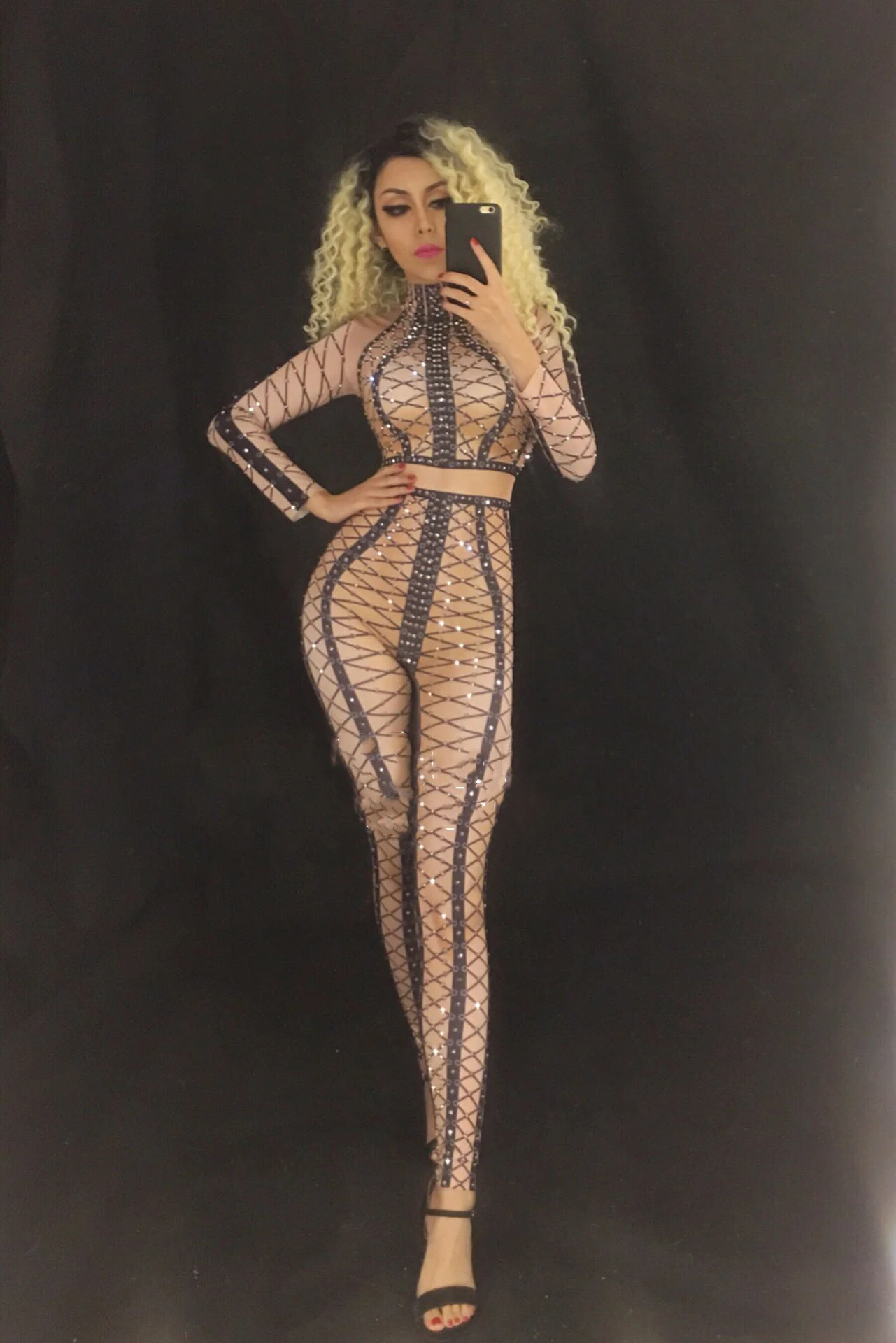 Spandex Printed Stretch Jumpsuit Rhinestones One Piece Bodysuit Costume Stage Outfit Singer Dancer Performance Rompers