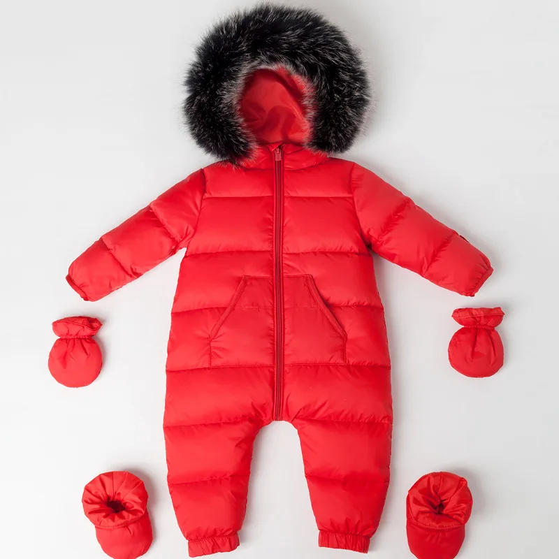 NewBorn Baby Winter Rompers Overalls 90% White Duck Down Natural Fur Collar Soft Kids Outwear Coat For Boys Girls 0-4 Y Snowsuit - Color: red