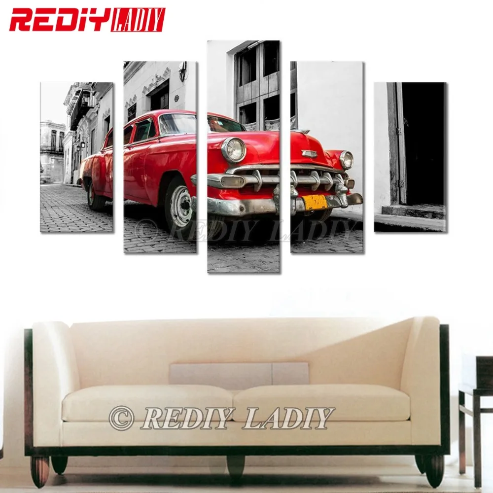 

REDIY LADIY Diamond Embroidery Triptych Full Square Crystal Modular Picture Red Retro Car Wall Art Multi Picture Home Decor Gift