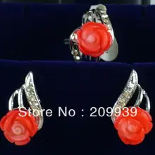 Huij 0044 свободный корабль Очаровательная! Красный Коралл Серьги Комплект Кольца