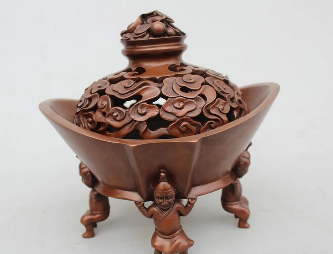 

7" China Scarce Royal Pure Bronze Copper Art Money Statue Incense Burner Censer 06.08