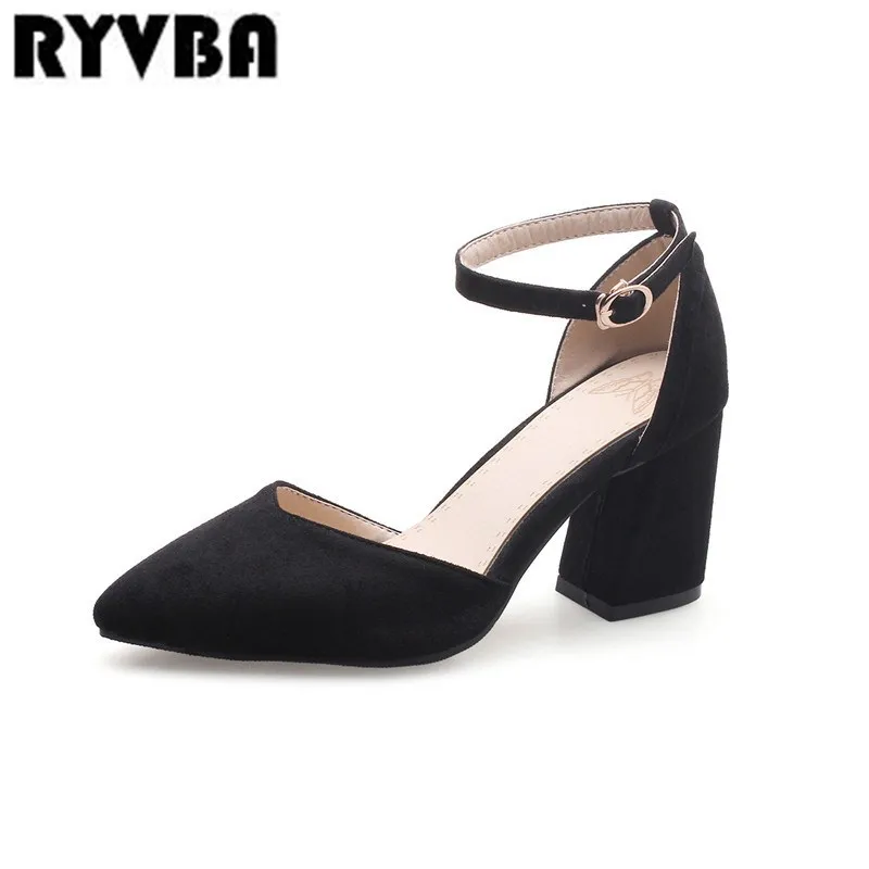 

RYVBA 2019 womens party sandal woman thick high heels sandals women summer nubuck pointed toe shoes ankle strap suede work shoes