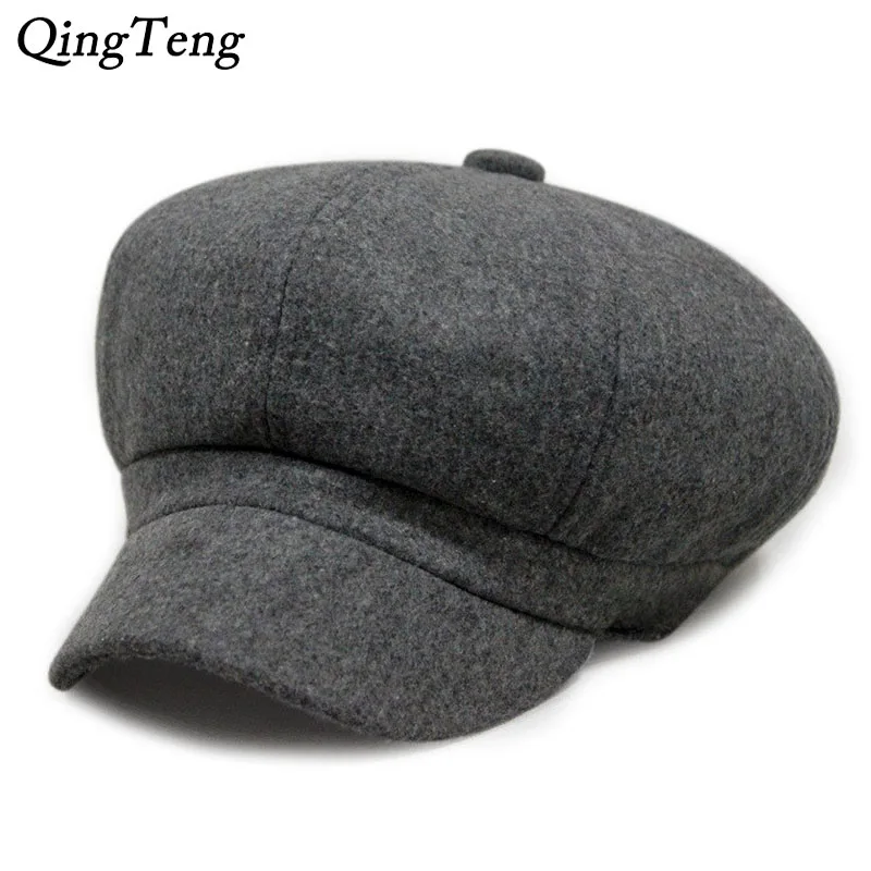 Winter Solid Color Woolen Newsboy Caps Thick Velvet Beret Hat For Men