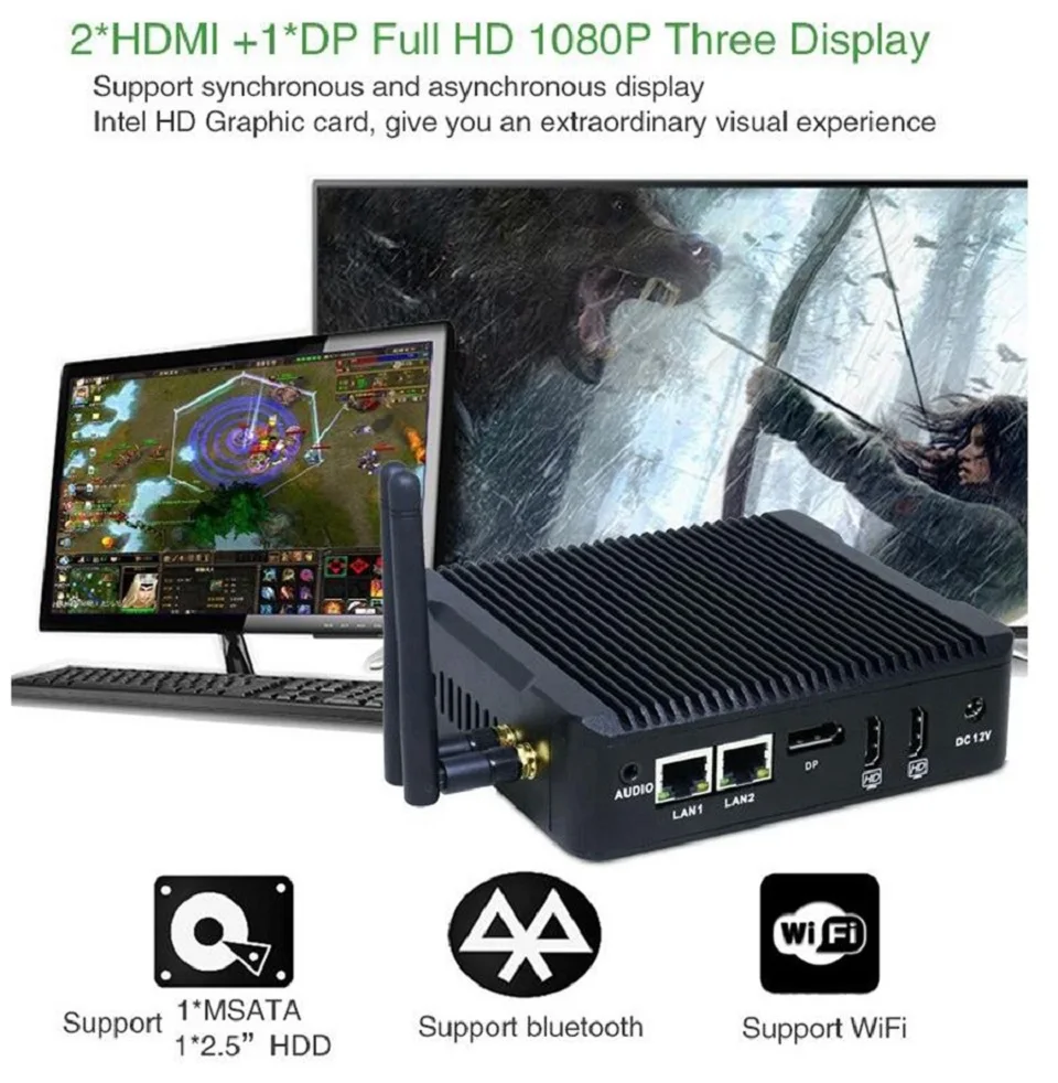 Мини-ПК с Intel celeron N3160 quad core 1,6 ГГц dual lan 2 * HDMI 1*6 DP * USB X86 одноплатный компьютер для офиса