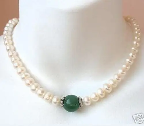 

FINE 18" 9-10MM REAL SOUTH SEA WHITE PEARL GREEN JADE NECKLACE 925silver GOLD
