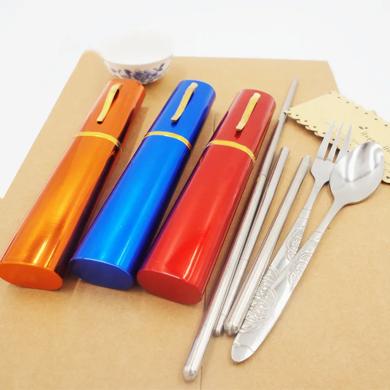 2016 New Outdoor Travel Picnic Protable Tableware Eco friendly Stainless Steel Tableware Chopsticks Spoon Fork Storage