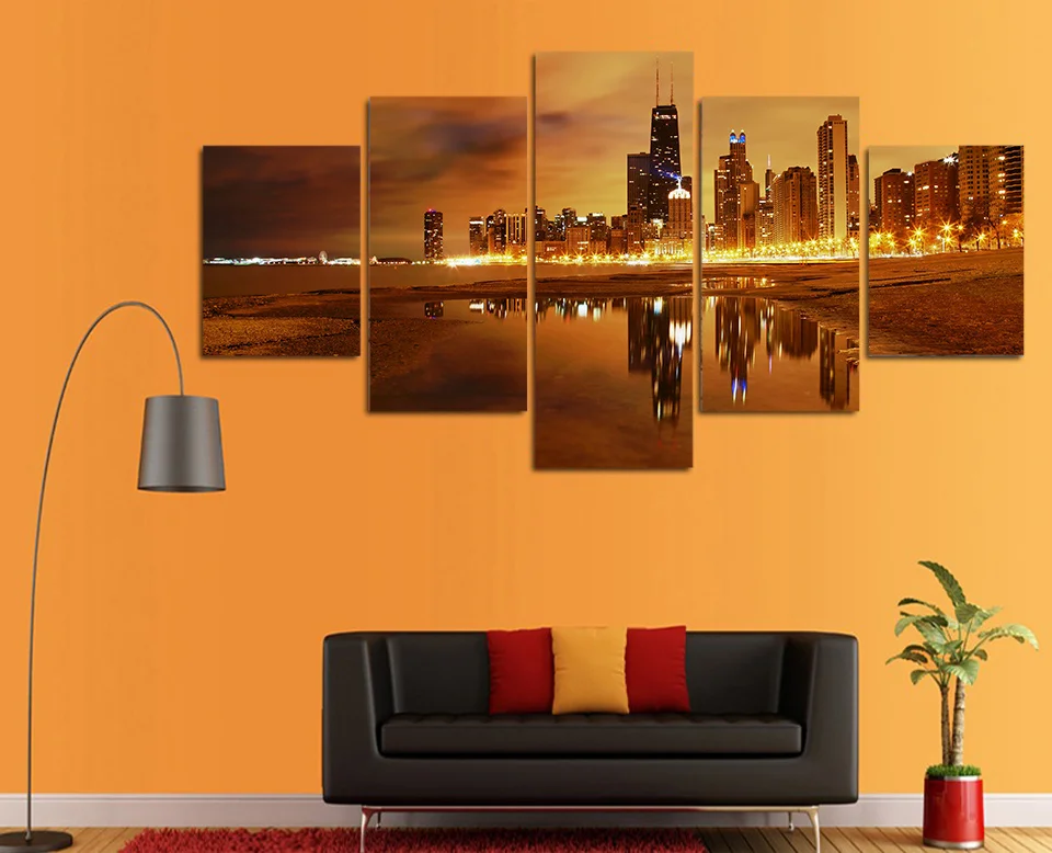 Painting Abstract Art Wall Picture For Living Room Home Decoration Canvas Prints 5 Panel City At Night Landscape Framework YGYT