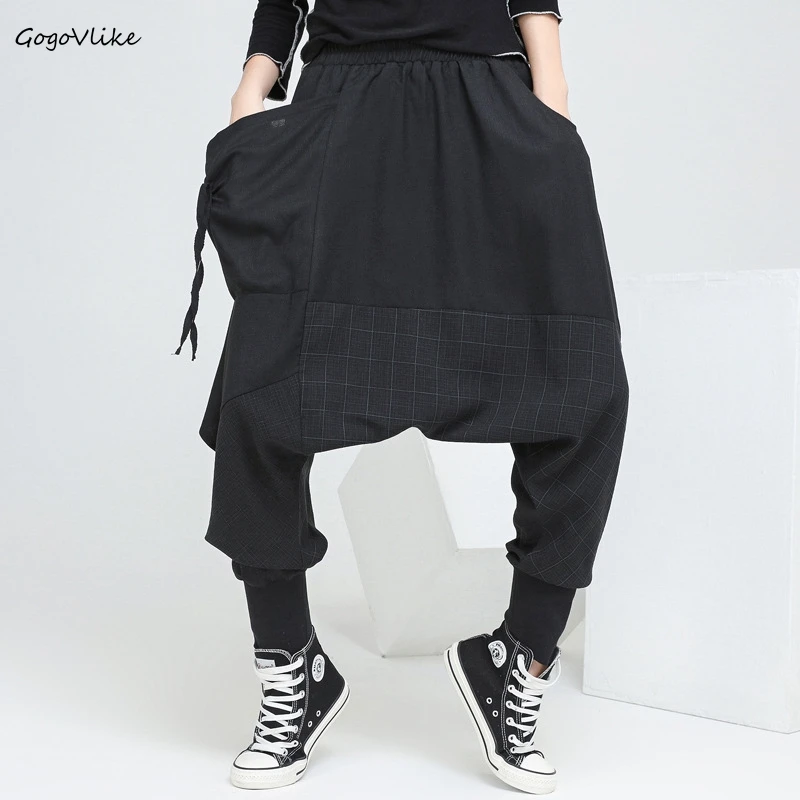 

Cross pants spring 2018 Women Black Hip Hop Punk Trouser Oversize baggy Pant Harem Pants Plaid Women Clothing england LT658S30