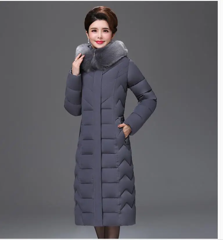 Большие размеры, женские парки среднего возраста, зимняя куртка, тонкий теплый толстый хлопок, длинное пальто, ветрозащитное Женское пальто с меховым воротником и капюшоном, 5XL