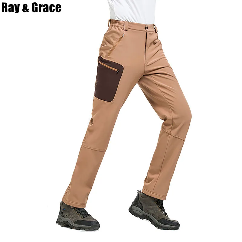 RAY GRACE invierno cálido al aire libre pantalones de lana pantalones de senderismo hombres acampar a prueba de viento de esquí Softshell Pantalones de deporte escalada Trekking