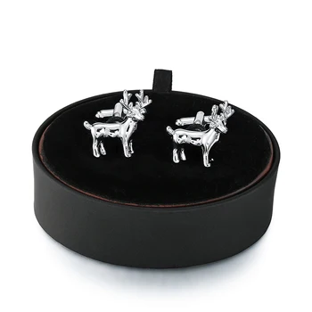 

DY A set of high quality small animal silvery Sika Cufflinks black leather box men French shirt Cufflinks box set free shipping