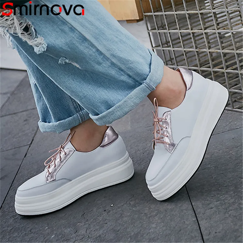 

Smirnova 2020 new flats shoes round toe lace up flat platform shoes casual genuine leather shoes Thick sole elevator shoes