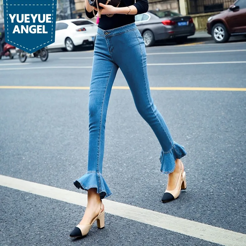 Autumn Winter Women Fashion Ruffles Flared Jeans Boot Cut Bell Bottom Jeans Denim Female Trousers Cute Flare Slim Denim Pants