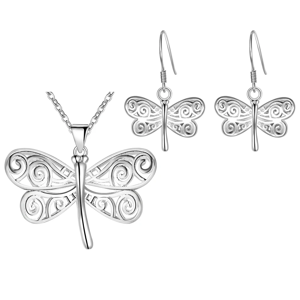 

2016 Exquisite Animal Set Vashiria Fashion 925 Silver Jewelry Cute Dragonfly Necklace Drop Earring Set Birthday Gift PT596