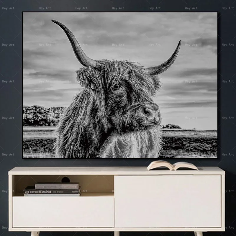 Черный и белый животного плакатный принт Highland Cow холст без рамки настенная живопись искусство фотографии для Гостиная