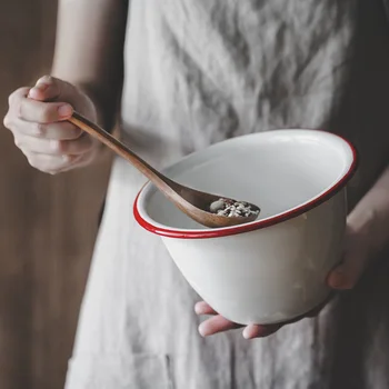 

Japanese style candy color open porcelain enamel salad bowl large size creative family soup bowl kitchen egg and flour pot