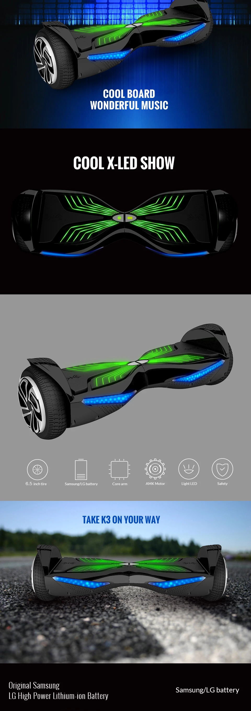 Koowheel K3 6.5 inch Electric Hoverboards with Bluetooth Self Balancing Scooters Overboard LED HoverBoard for Adult Kids (14)