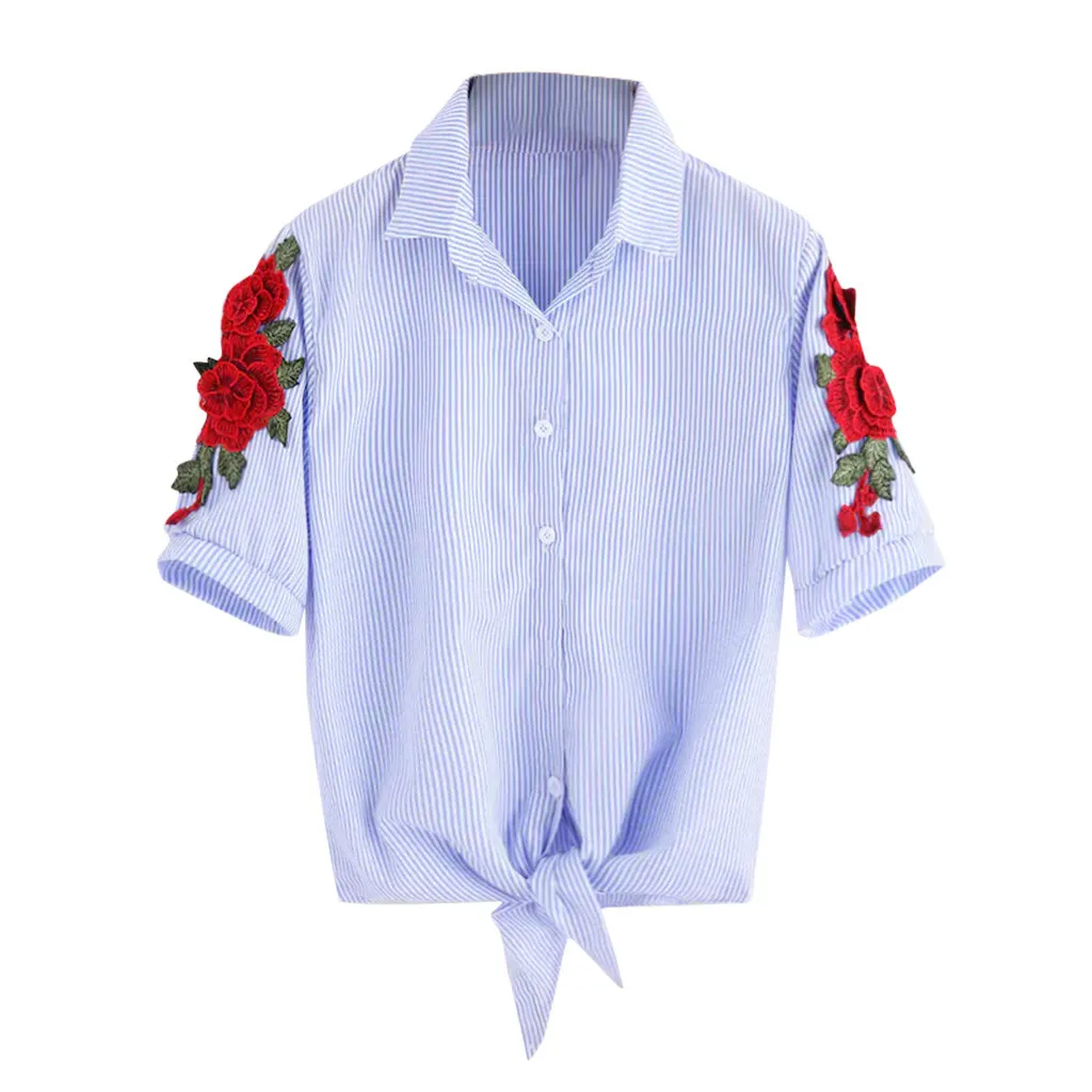 

Summer Blouse Women Tops Short Sleeve Striped Red Flower Embroidered Cardigan Shirt Chemisier Femme Blusas Mujer De Moda 2019
