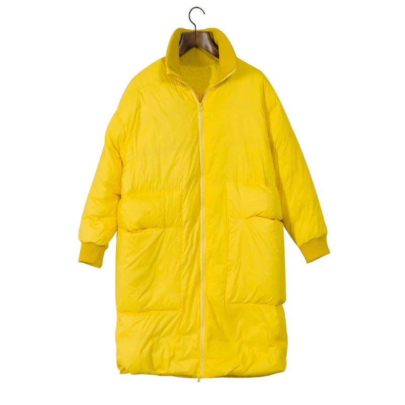 YNZZU Winter Yellow Women's Down Jacket Casual Long Duck Down Coat Women Stand Collar Warm Fluffy Female Jacket YO721