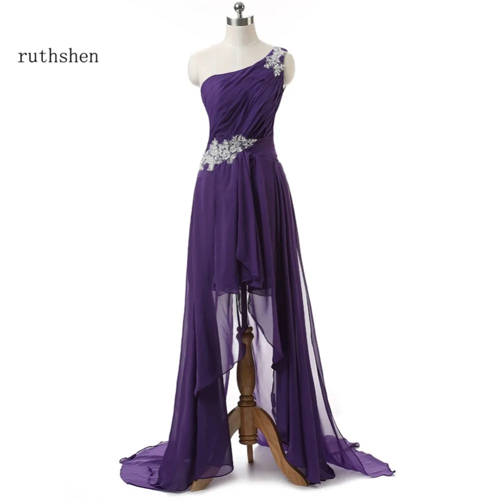 

ruthshen Sexy High Low Prom Dresses Cheap One Shoulder Asymmetrical Short Front Long Back Appliques Beaded Evening Gowns