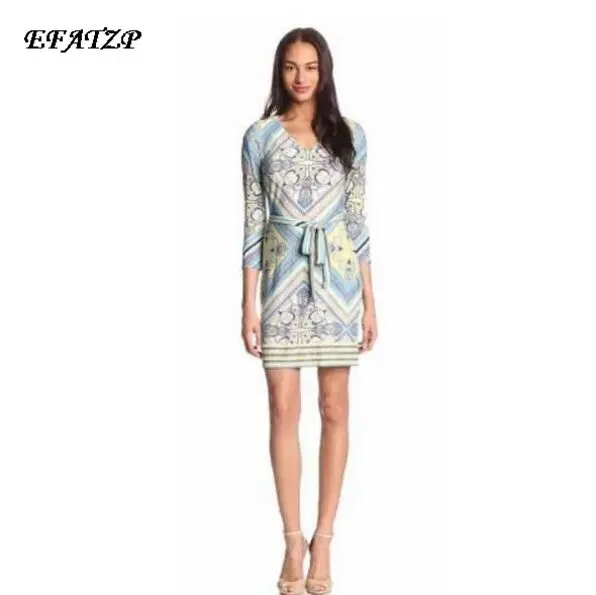 

New 2014 Italian Designer Luxury Brands Women's Nobel Colorful Abstract Print 3/4 Sleeve Stretch Jersey Silk Plus Size XXL Dress