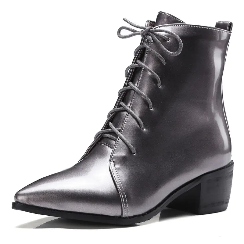

size34-39 T1839 fashion simplicity Winter Coat of paint Pointed Toe Square Thick med heel Lacing Women Ankle Boots