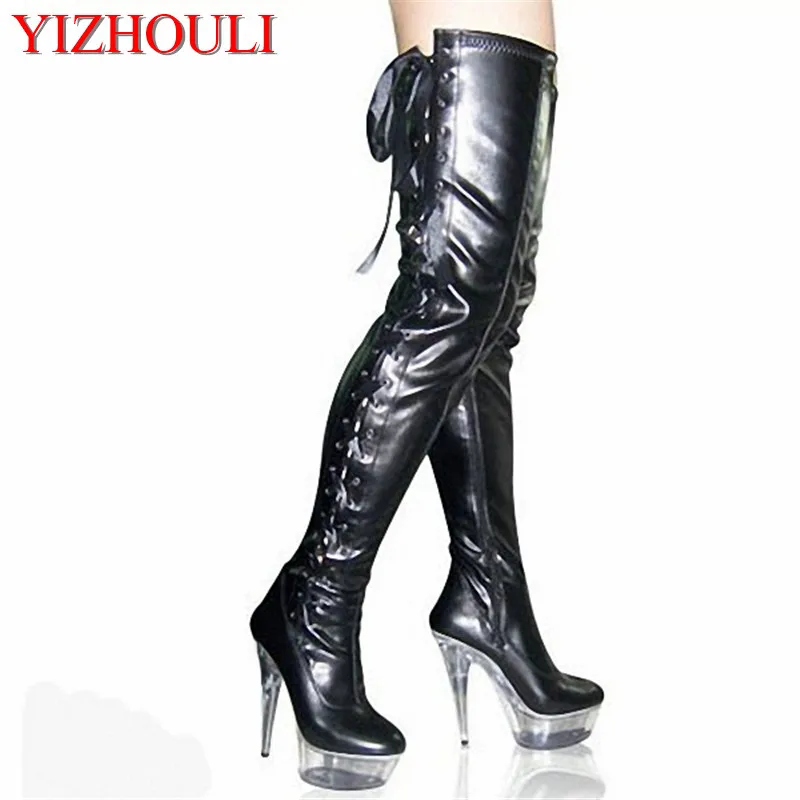 

15cm over knee pole dancing boots black thigh high boots fetish 6 inch platform high heel boots sexy women strappy tall boots